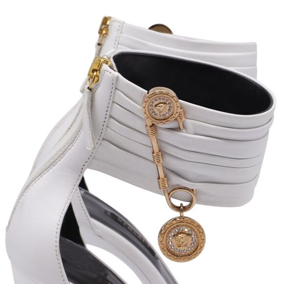 Versace Safety Pin Ankle-Cuff Sandals in White Leather - Picture 4 of 12